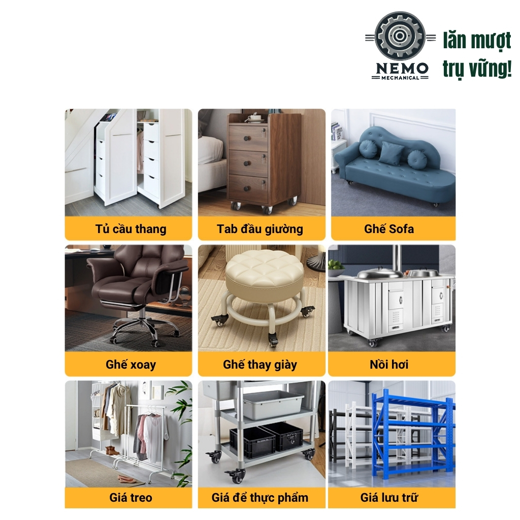 Bánh xe đẩy hàng đen trắng, loại cọc vít, có bạc đạn, đường kính bánh 4cm và 5cm, 40-50kg/1bánh